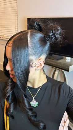 Ideas For Ponytails, Quick Ponytail Hairstyles Weave, 3 Part Hairstyles, Two Buns And Hair Down, Ponytail Hairstyles With Fishtail, Cheap Ponytail Hairstyles, Swoop With Weave, Birthday Hair Styles Ponytails, Mid Pony Hairstyles