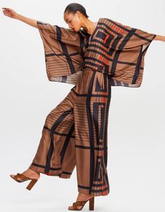 Brown Fancy Soft Satin Silk Kaftan Co-Ord Set Brown Printed – Arabic attire Beach Party Wear, Modest Evening Dress, Silk Sleepwear, Silk Kaftan, High Fashion Outfits, Fashion Design Dress, Bohemian Maxi Dress, Women's Robe, African Clothing Styles