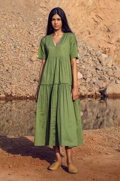 Khadi Cooton Dress Khadi Dresses, Sap Green, Sundress Season, Goddess Gown, Cotton One Piece, Sustainable Clothing Brands, Fashion Themes, Tent Dress, Tiered Midi Dress