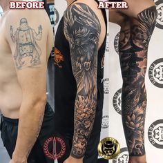 before and after photos of a tattooed man's arm with tattoos on both arms