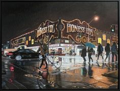 people crossing the street at night with umbrellas and cars in front of a store