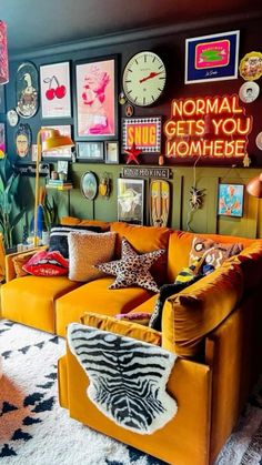 a living room filled with lots of colorful furniture