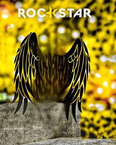 an image of a rock star with wings on it's back and yellow background