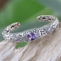 Amethyst cuff bracelet, 'Sacred Garden in Purple' - Amethyst and Sterling Silver Cuff Bracelet from Indonesia Sacred Garden, Blue Topaz Bracelet, Silver Jewelry Design, Blue Topaz Stone, Blue Topaz Earrings, Sterling Silver Cuff Bracelet, Bracelet Cuff, Amethyst Bracelet, Gem Stones