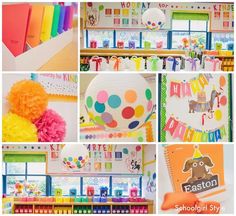 a collage of pictures with different colors and decorations on the wall, bookshelves