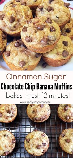 chocolate chip banana muffins are cooling on a rack with the words, cinnamon sugar chocolate chip banana muffins bakes in just 12 minutes