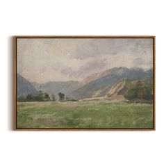 an oil painting of mountains in the distance with green grass and trees on either side