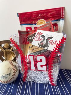 a baseball themed gift basket for someone's 12th birthday