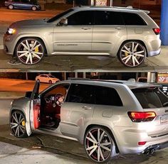 two pictures of a silver jeep with its door open