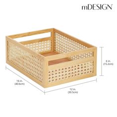 a wooden basket with measurements for the bottom and side compartments on each side, including one section