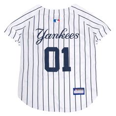 Share your love for baseball, and Yankees baseball in particular, with your pet with this Pets First New York Yankees MLB Jersey. This jersey features a great-looking v-neck along with a Velcro closure, and of course displays the team name and colors proudly. Let your dog share in your team spirit in fun and adorable fashion with this comfortable and stylish official MLB licensed jersey. Features: Stylish V-Neck; Velcro Closure Includes:1 Jersey Intended For: Dogs Gender: Male/Female Color: White, Blue Material: Polyester Dimensions Please see drop down for sizing options. Care Instructions: Machine wash cold. Do not bleach. Line dry. Do not iron print. Caution: This item is intended for short durations, under close supervision. Pets First New York Yankees MLB Jersey Size: XS New York Yankees Jersey, Sweater Jumper Dress, Yankees Jersey, Mlb Jersey, Dog Jersey, Yankees Logo, New York Yankees Baseball, Yankees Baseball, Win Or Lose