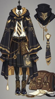 an anime character is dressed in black with gold trimmings and holding a brown bag