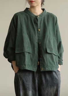 Natural stand collar Button Down Fine tunic coat green box jackets Materials used: cotton blendedMeasurement:One size fits all for this item. Please make sure your size doesn't exceed this size: BUST-158cm length 60cm / 23.4"bust 158cm / 61.62"Waist 140cm / 54.6"Armhole 48cm / 18.72"Cuff 26cm / 10.14"hem 126cm / 49.14"We ship worldwide.Tracking numbers provided for all orders. Green Cotton Utility Jacket With Buttoned Pockets, Green Long Sleeve Solid Outerwear, Green Cotton Outerwear With Pockets, Solid Long Sleeve Utility Jacket With Buttons, Solid Color Utility Jacket With Buttons, Casual Dark Green Outerwear For Fall, Green Cotton Solid Color Outerwear, Green Cotton Outerwear With Solid Color, Dark Green Long Sleeve Outerwear For Fall