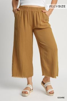 Cropped linen pants with pockets. High waisted. Super comfy and pairs well with our newest tops from Umgee! Color: Ochre brown Brand: Umgee Brown Cotton Vacation Pants, Brown Cotton Pants For Vacation, Brown Linen Bottoms For Spring, Casual Brown Linen Wide Leg Pants, Brown Cropped Pants With Pockets, Brown Relaxed Fit Pants For Vacation, Brown Cropped Leg Bottoms For Spring, Brown Cropped Leg Pants With Pockets, Brown Wide Leg Pants For Beach In Spring