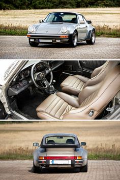 the interior and dashboard of a car are shown in this split screen photo, along with an image of a silver sports car