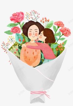 an illustration of two women hugging each other in a bouquet with flowers on the side