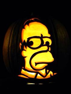 a carved pumpkin with the face of homer simpson on it's face, in front of a black background