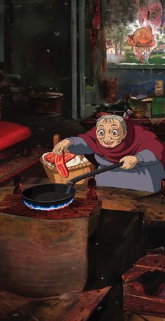 an old woman sitting in front of a frying pan on top of a table