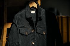 Odessa Mid-Century Twill Field Jacket – Rowan Men’s Field Jacket, Wool Single-breasted Button-up Outerwear, Rugged Cotton Button-up Outerwear, Vintage Single-breasted Utility Jacket With Lapel Collar, Vintage Single-breasted Cotton Denim Jacket, More Life, Field Jacket, Pocket Tee, Odessa