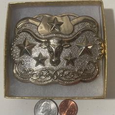 Vintage Metal Belt Buckle, Nice Longhorn Bull, Cow, Steer, Nice Western Design, 3 1/2" x 2 3/4", Quality, Heavy Duty, Made in USA, Country & Western, Cowboy, Western Wear, Horse, Apparel, Accessory, Tie, Nice Quality Fashion, Free Shipping in the U.S. Vintage Silver Belt Buckles For Western-themed Events, Longhorn Belt Buckle, Vintage Silver Belt Buckle For Rodeo, Antique Silver Buckle Belt Buckles For Ranch, Southwestern Silver Belt Buckle With Antique Detail, Metal Belt, Western Design, Country Western, Cow Boy