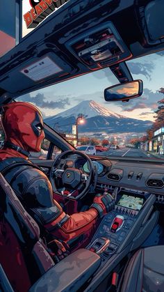 the interior of a car with a deadpool driving