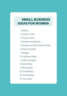 the small business ideas for women list is shown on a blue background with white text