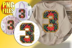 three christmas sweaters with the number 3 in front of it and an image of holly wreath