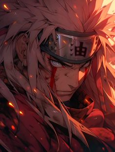 an anime character with long white hair and red eyes, in front of a blazing background