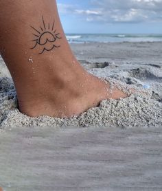 Unique & Cute Travel Tattoo Ideas For Women Small Sun Wave Tattoo, Beach And Sun Tattoo, Small Wave And Sun Tattoo, Little Beach Tattoo, Cute Beach Tattoo, Sun Beach Tattoo, Sun Waves Tattoo, Tattoo Beach Ideas, Beach Wave Tattoo Ideas