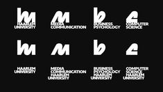 six white letters with the words media communication, computer science and business in them on a black background