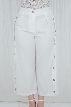 Formal Waterfall pants, Step out in daring style with these white pants! Button-adorned and adjustable, these light long-legs are the perfect addition to your wardrobe for casual and formal looks alike. Zip and button up to show off your bold attitude. These elegant pants effortlessly combine the classic sophistication of formal attire with a contemporary twist, creating a timeless yet modern look. Our Waterfall Formal Pants feature a unique draped design that mimics the elegant cascade of a wat White Formal Full-length Dress Pants, Formal White Pants With Button Closure, Luxury White Evening Pants, Long White Pants, Luxury White Semi-formal Pants, Pants Decoration, Luxury White Wide-leg Dress Pants, Light Pants, Elegant Pants