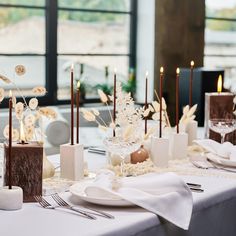 thin brown dinner candles Candle Table Setting, Diningroom Ideas, Taper Candles Wedding, White Tables, Blue Taper Candles, Candle Lit Wedding, Tapered Candle, Candle Table Decorations, Tapered Candles