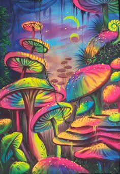 a painting of colorful mushrooms in the woods