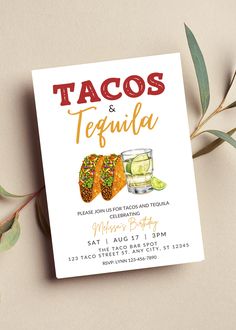 a taco and tequila birthday party card on top of a table