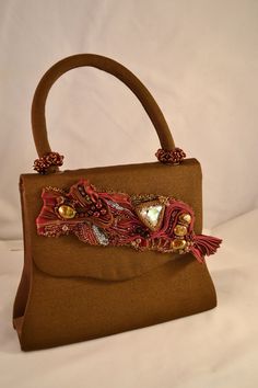 Elegant Evening Purse Shibori Ribbon and Swarovski by CloesCloset Beaded Brown Shoulder Bag Gift, Brown Embellished Evening Bag, Beaded Multicolor Embroidered Rectangular Shoulder Bag, Elegant Multicolor Beaded Bag, Luxury Vintage Beaded Evening Bag, Embellished Purses, Embellished Bags, Brown Handbag, Evening Purse