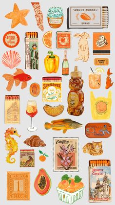 an assortment of food and drink items are shown in this graphic art printable poster