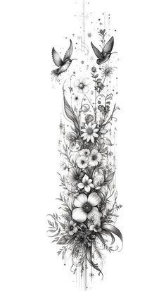 a black and white drawing of flowers with butterflies