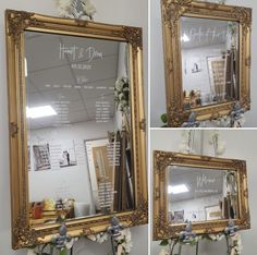 three pictures of a mirror with flowers on it and the same photo in different frames