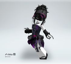 an animated image of a woman dressed in black and purple