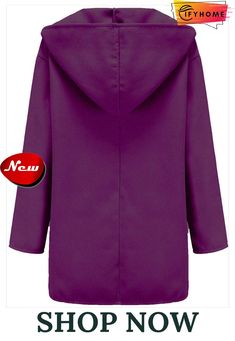 Fashion Lapel Pure Colour Overcoat Hooded Purple Outerwear For Fall, Purple Hooded Outerwear For Fall, Oversized Purple Outerwear For Fall, Purple Hooded Outerwear For Spring, Just Us, Just Run, Pure Color, Shoulder Sleeve, Online Clothing