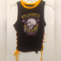 Size 3-5 Nwt Black/Yellow Sleeveless Shirt With Tie Up Sides Fitted, Neutral Colors, 90s Stretch Tank Top For Streetwear, Sleeveless Stretch Grunge Top, Vintage Tank Top For Spring Streetwear, Cotton Stretch Grunge Tank Top, Cotton Grunge Stretch Tank Top, Yellow Grunge Tops For Summer, Yellow Grunge Top For Summer, 90s Style Stretch Cotton Tank Top, Black 90s Tank Top For Spring