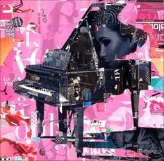 an artistic collage with a piano and woman's face in pink, black and white