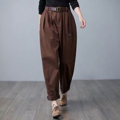 ★★ FEATURESCotton PantsNo liningElastic waistFront hidden zipper +button closureTwo side seam pockets Wide leg pantsPerfect for Spring, Autumn and winterWash only in cold water and do not expose to direct sunlight.★★ The model's height approx 165 cm (5′ 5″) with the 84 cm (33") bust, 66 cm (26") waist. She is wearing in the size XS.★★ Please select custom order according to the follow situationYour height is not between 155 cm- 172 cmYour weight is over 75 kg★★ Get your size in Size Chart with y Baggy Brown Pants For Fall, High-waist Cotton Harem Pants In Brown, High Waist Brown Cotton Harem Pants, Baggy Brown Ankle Pants, Trendy Brown Pants With Belt Loops, High Waist Brown Cotton Wide Leg Pants, Brown Cotton Harem Pants For Fall, Loosely Fitted Brown Harem Pants For Fall, Baggy High-waist Brown Harem Pants