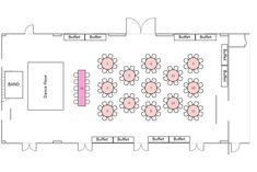 the floor plan for an event with tables and flowers on them, as well as seating areas