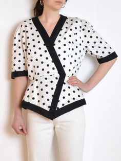 80's Polka Dot Blouse Geometric Wrapover Blouse Black - Etsy Poland Retro Polka Dot Short Sleeve Blouse, Vintage V-neck Tops For Workwear, Retro V-neck Top For Workwear, Vintage Polka Dot Blouse For Work, Retro Polka Dot Collared Tops, Vintage Polka Dot Blouse For Workwear, Fitted Polka Dot Shirt For Spring, Retro Fitted Short Sleeve Top, Fitted Retro Short Sleeve Tops