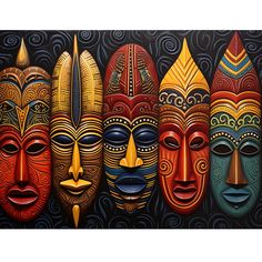 four masks painted on a black background