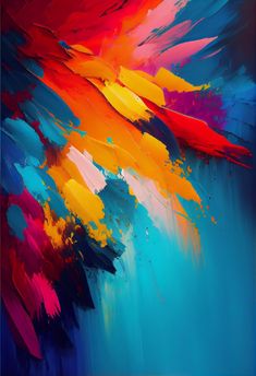 an abstract painting with blue, red and yellow colors