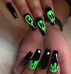 Halloween Drip Nails, Black And Green Halloween Nails Short, Ghostbuster Nails, Black And Green Halloween Nails, Ghostbusters Nails, Green Black Halloween Nails, Halloween Nails Green, Neon Green Halloween Nails, Green Nails Inspiration