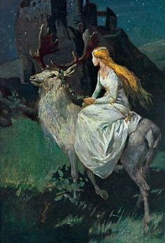 a painting of a woman riding on the back of a deer