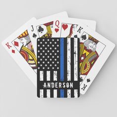 two playing cards with an american flag and the word, personalized on each deck